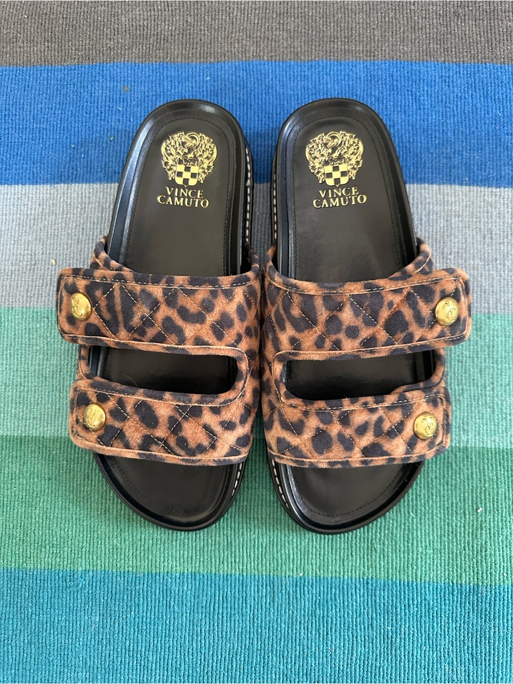 Vince Camuto leopard print slip on slides